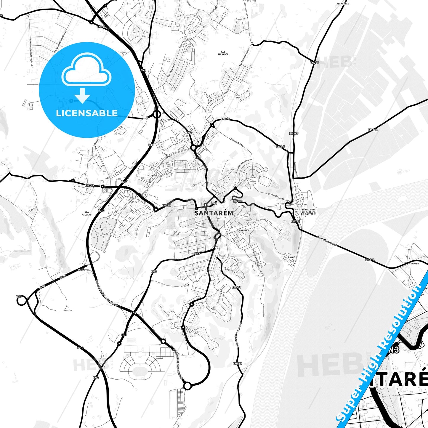 Santarém, Portugal Light Map with Street Names, City Names, and Districts