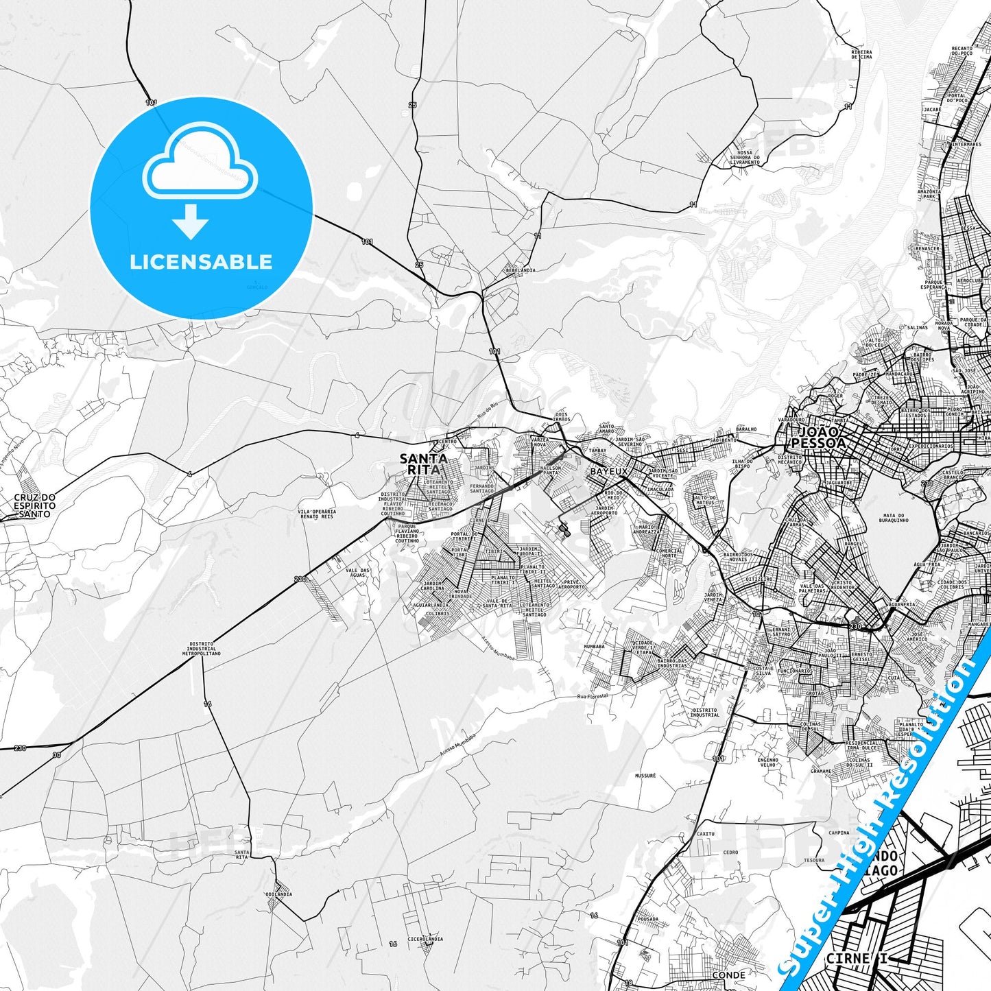 Santa Rita, Brazil light map with streetnames, citynames and districts