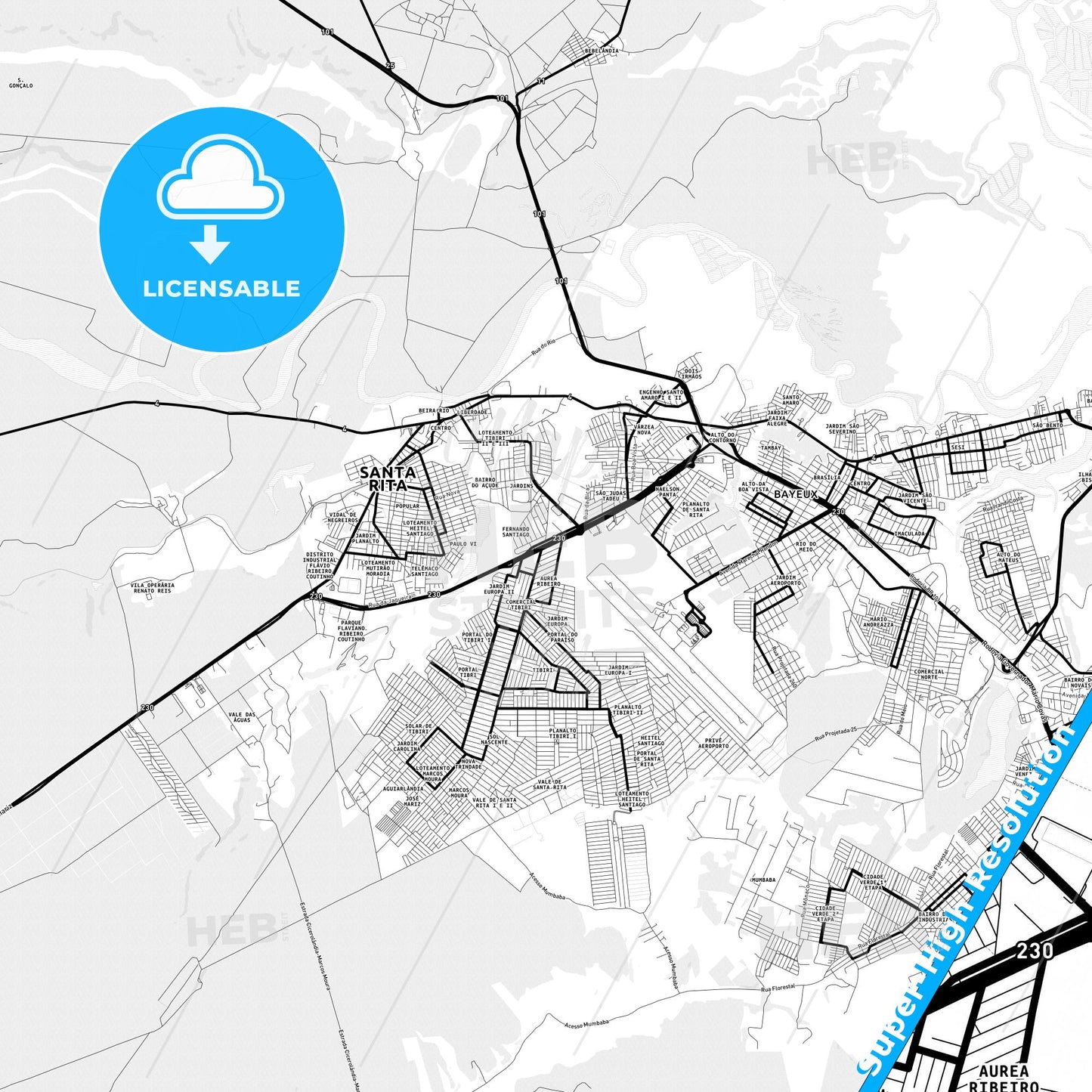 Santa Rita, Brazil Light Map with Street Names, City Names, and Districts