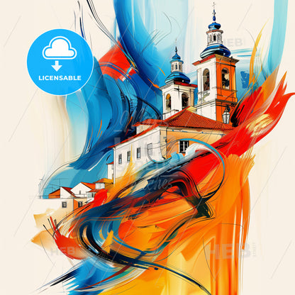 Vibrant Santarém, Portugal - A Painting Of A Building With A Colorful Background