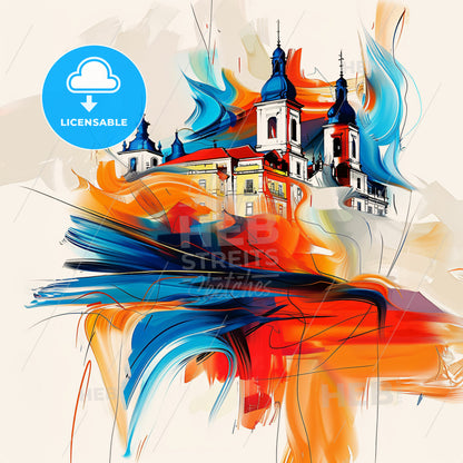 Vibrant Santarém, Portugal - A Painting Of A Building With Blue And Orange Colors