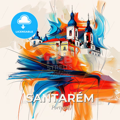 Vibrant Santarém, Portugal - A Painting Of A Building With Blue And Orange Colors - Square format print template