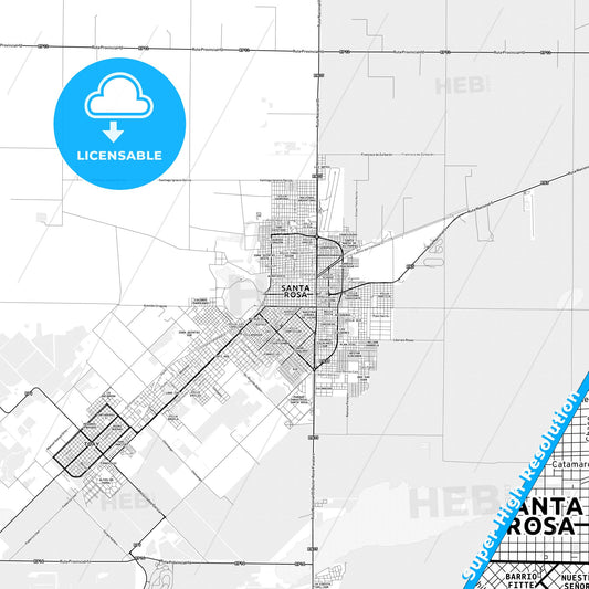 Santa Rosa, Argentina light map with streetnames, citynames and districts
