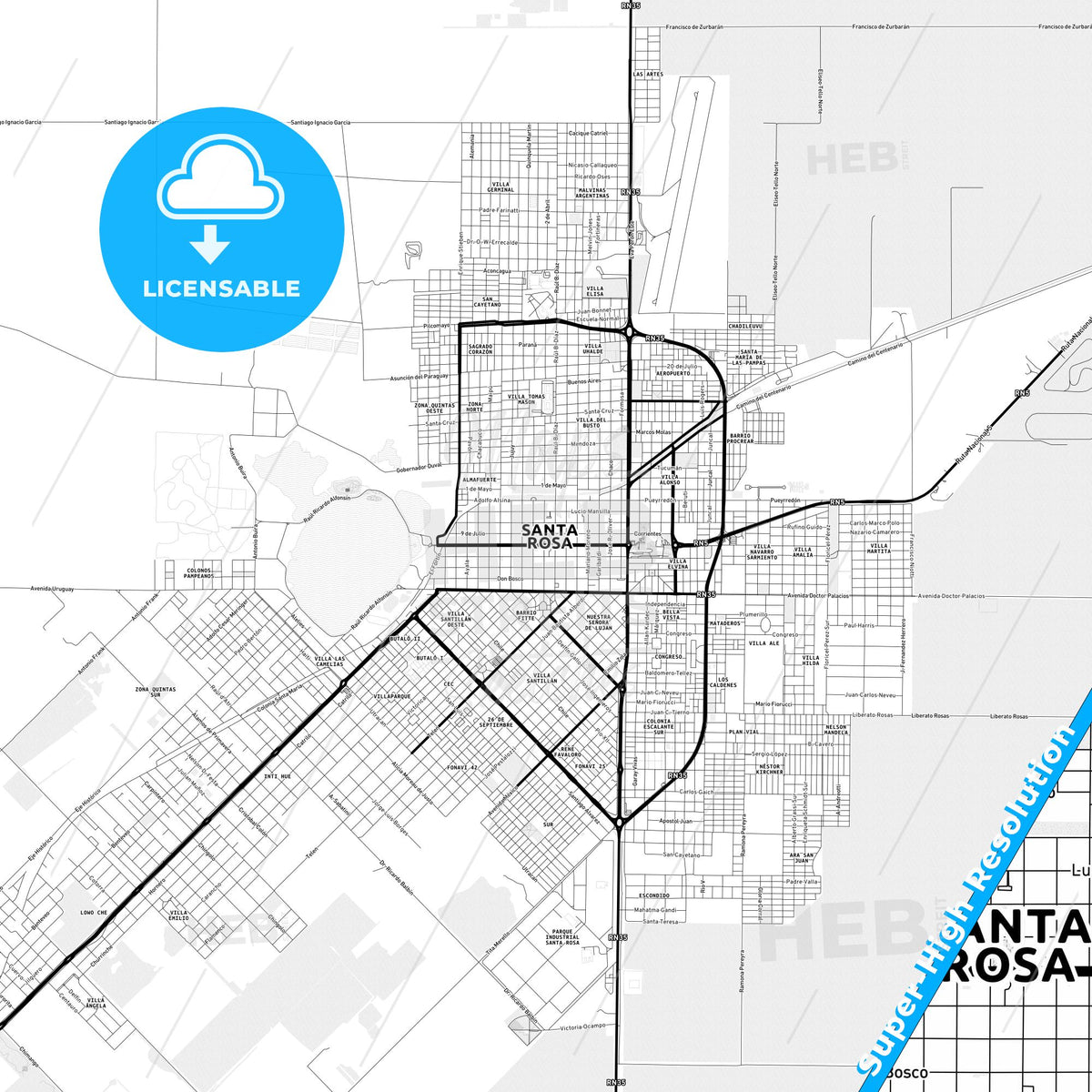 Santa Rosa, Argentina Light Map with Street Names, City Names, and Districts
