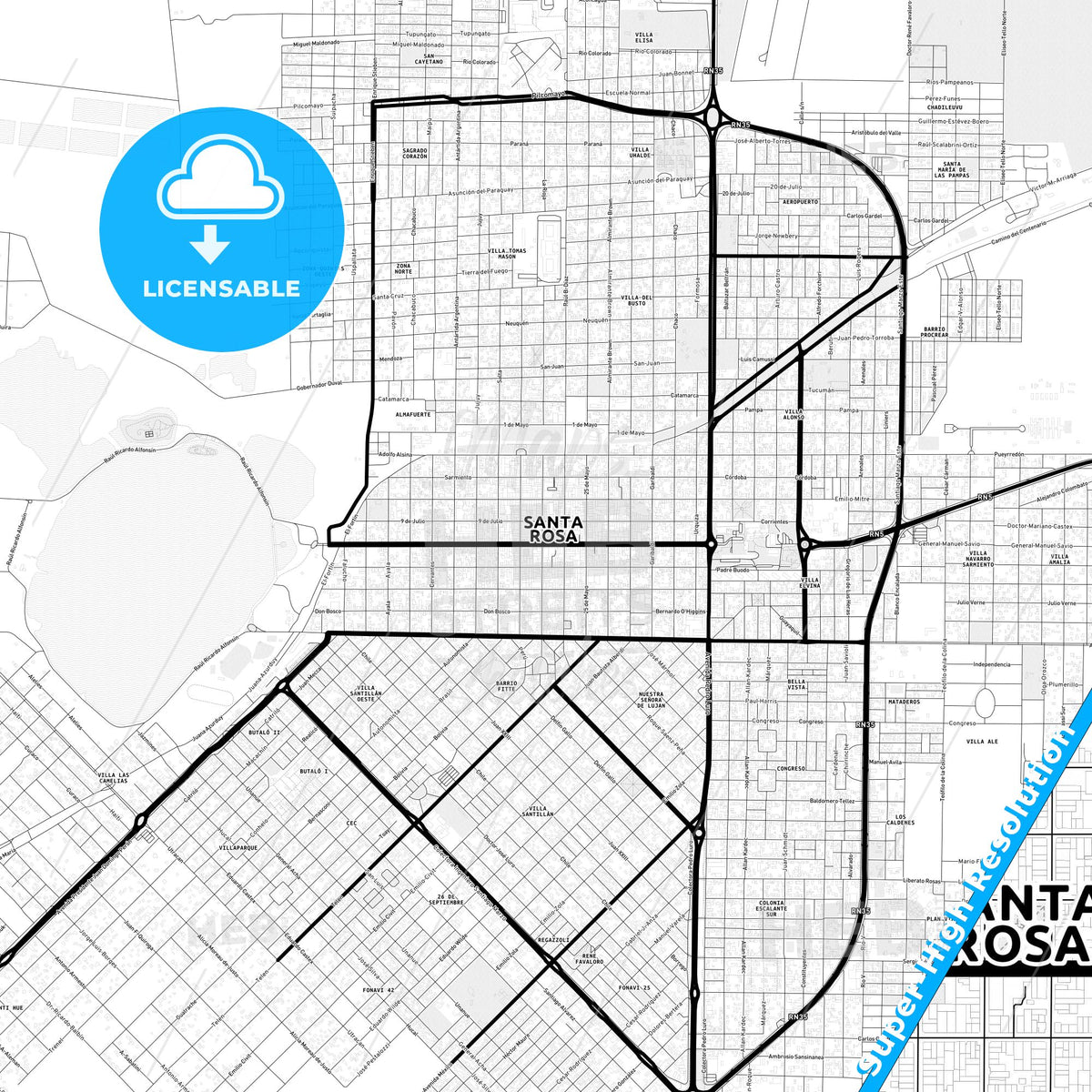 Santa Rosa, Argentina Light Map with Street Names, City Names, and Districts