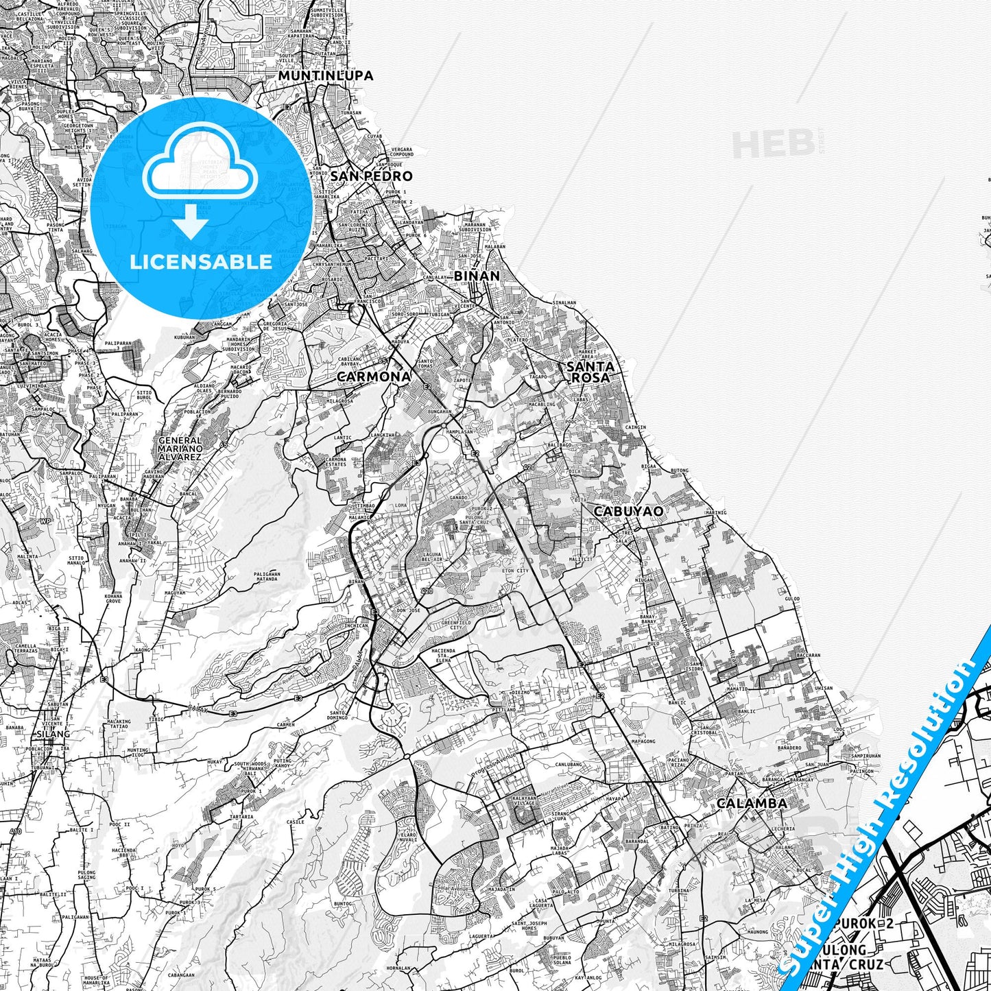 Santa Rosa, Philippines light map with streetnames, citynames and districts