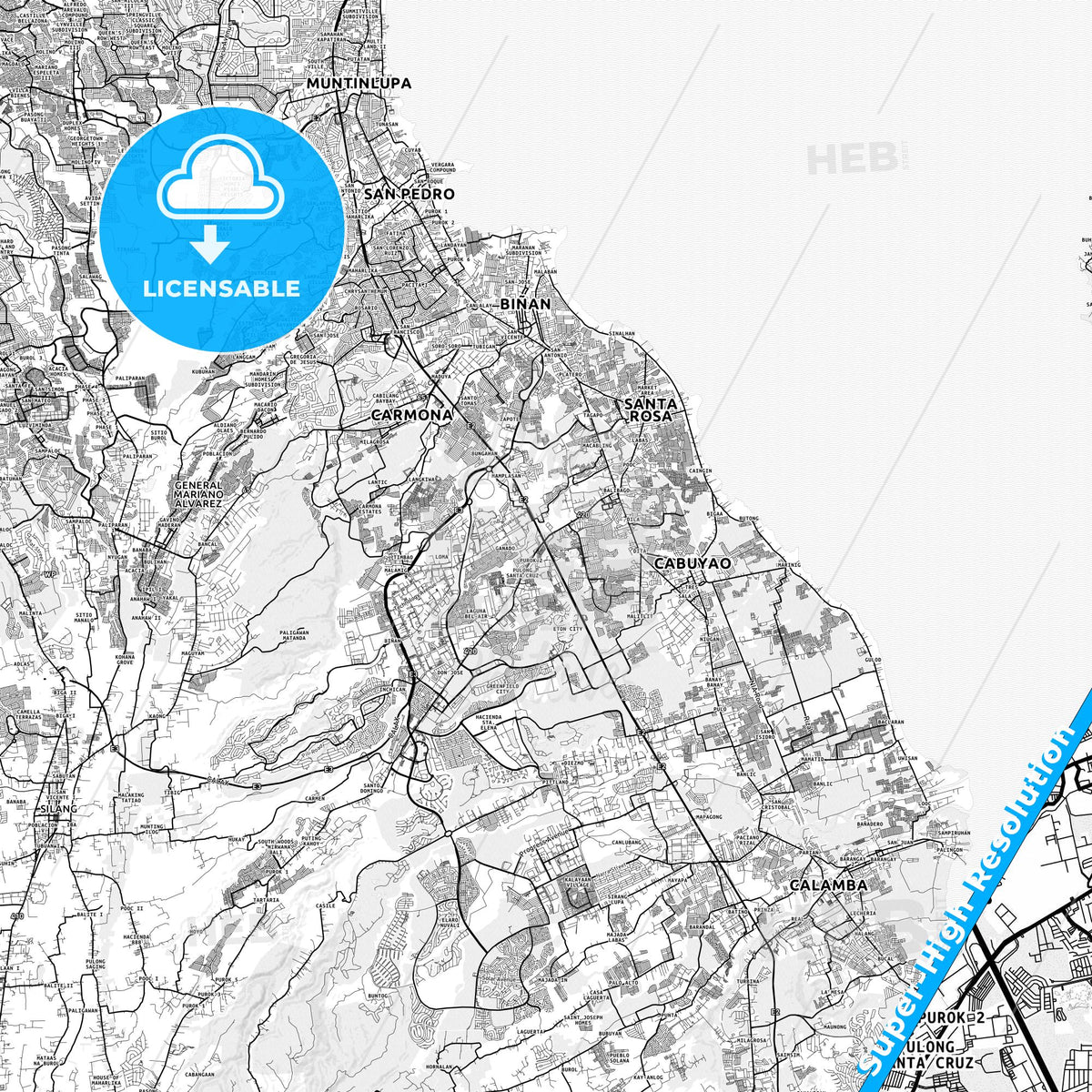 Santa Rosa, Philippines light map with streetnames, citynames and districts