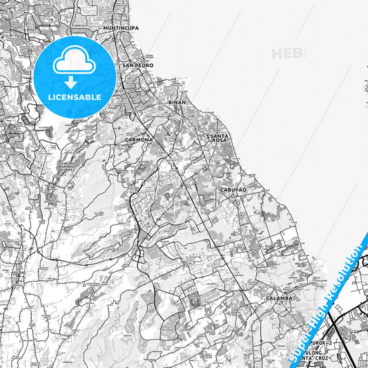 Santa Rosa, Philippines light map with streetnames, citynames and districts