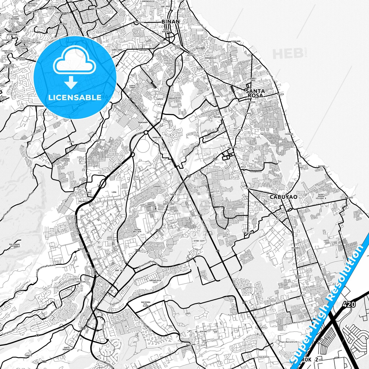 Santa Rosa, Philippines Light Map with Street Names, City Names, and Districts