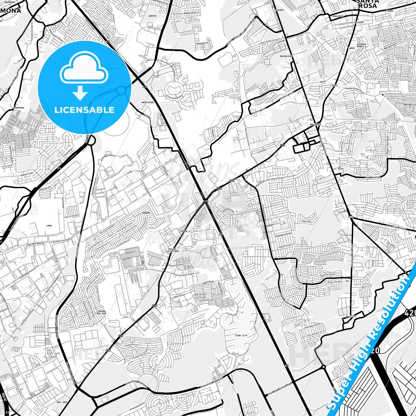 Santa Rosa, Philippines Light Map with Street Names, City Names, and Districts