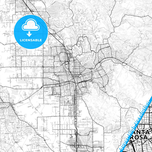 Santa Rosa, California light map with streetnames, citynames and districts