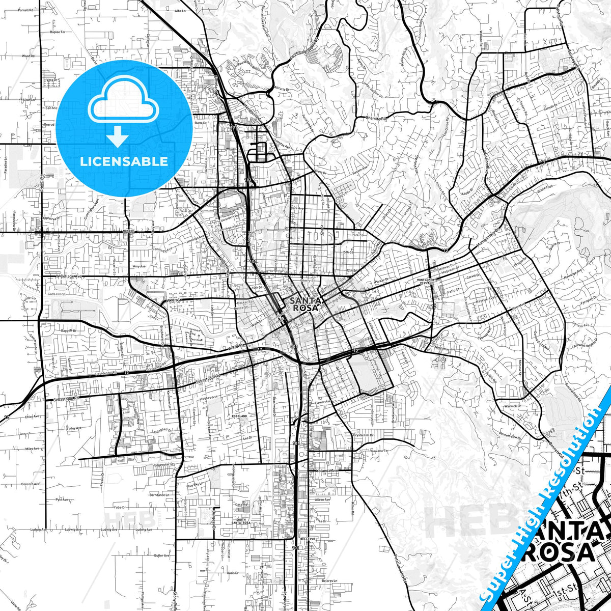 Santa Rosa, California Light Map with Street Names, City Names, and Districts