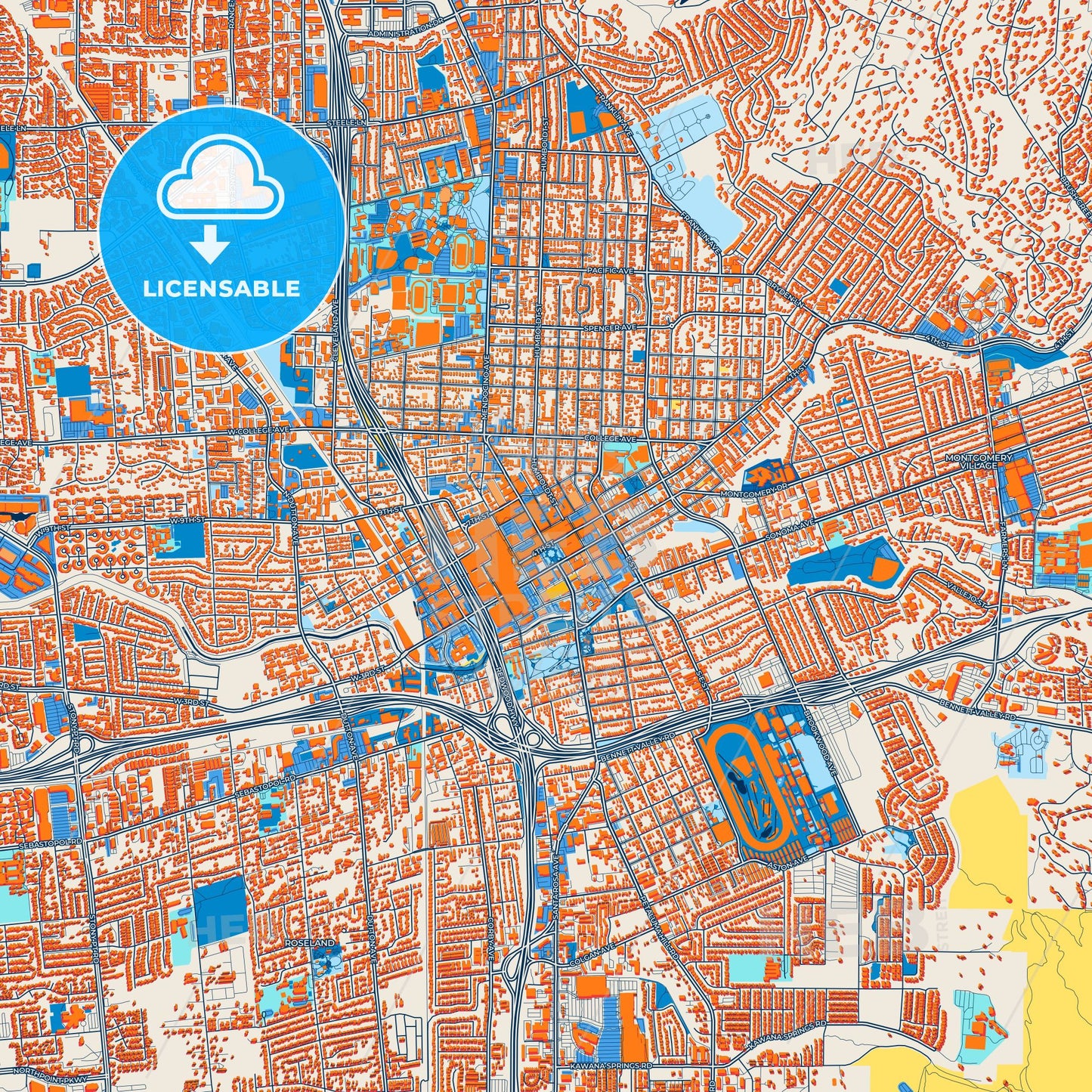 Colorful Santa Rosa Street Map with Labels and Buildings