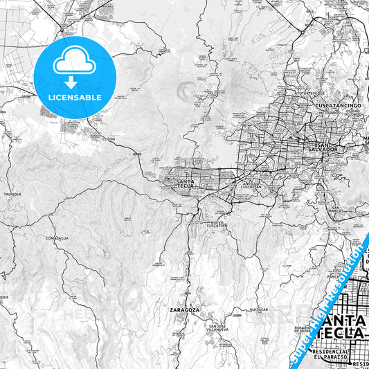 Santa Tecla, El Salvador light map with streetnames, citynames and districts