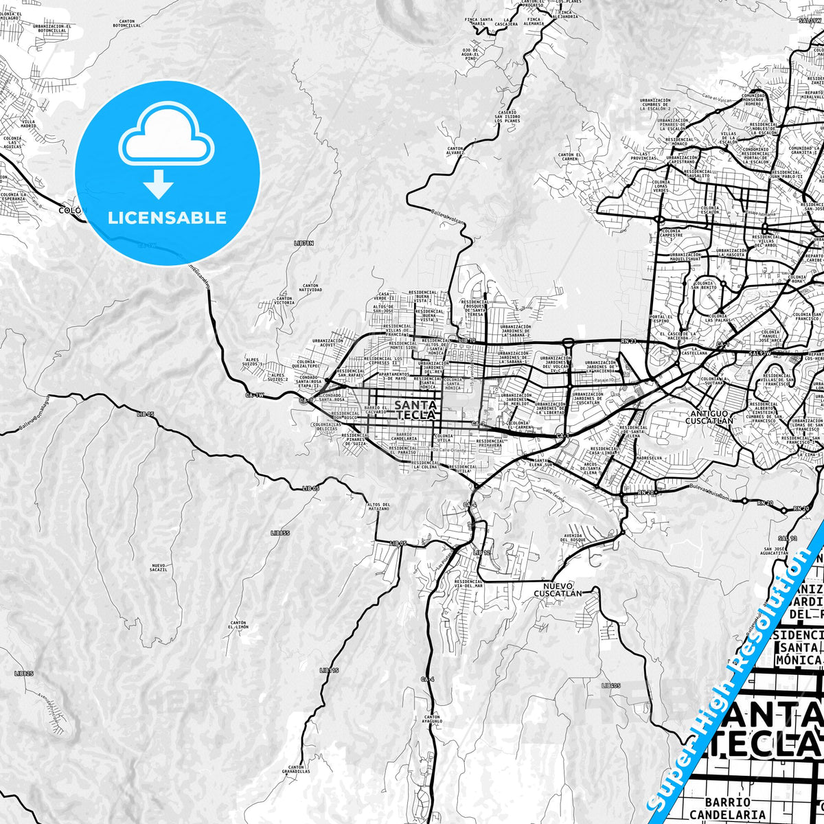Santa Tecla, El Salvador Light Map with Street Names, City Names, and Districts