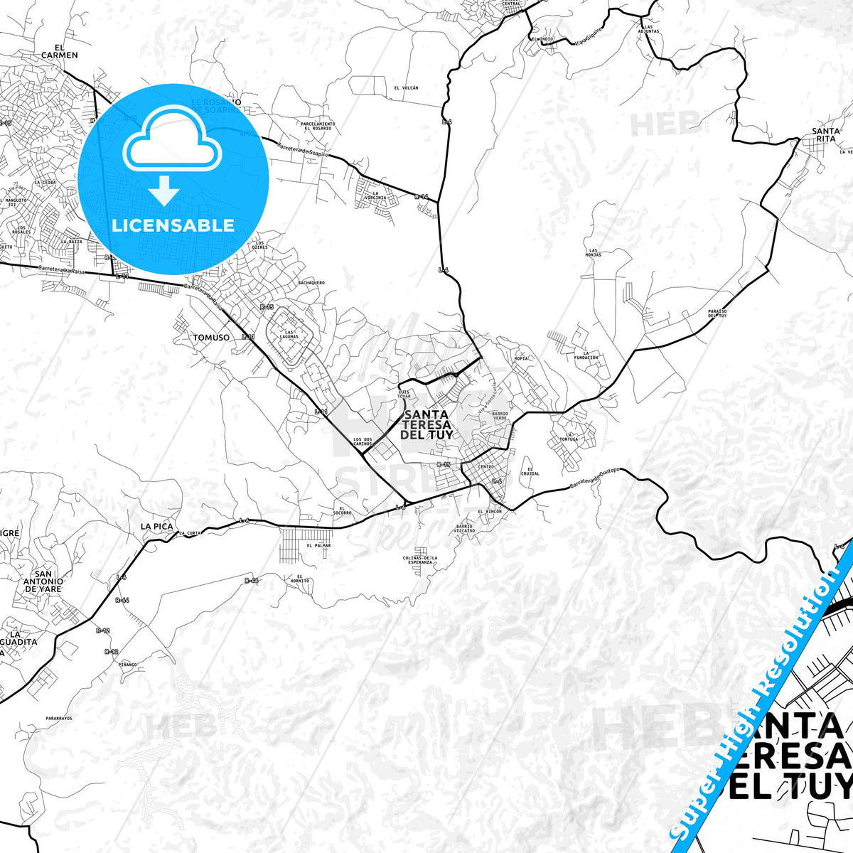Santa Teresa del Tuy, Venezuela Light Map with Street Names, City Names, and Districts