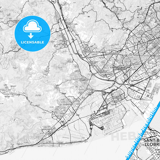 Sant Boi de Llobregat, Spain light map with streetnames, citynames and districts