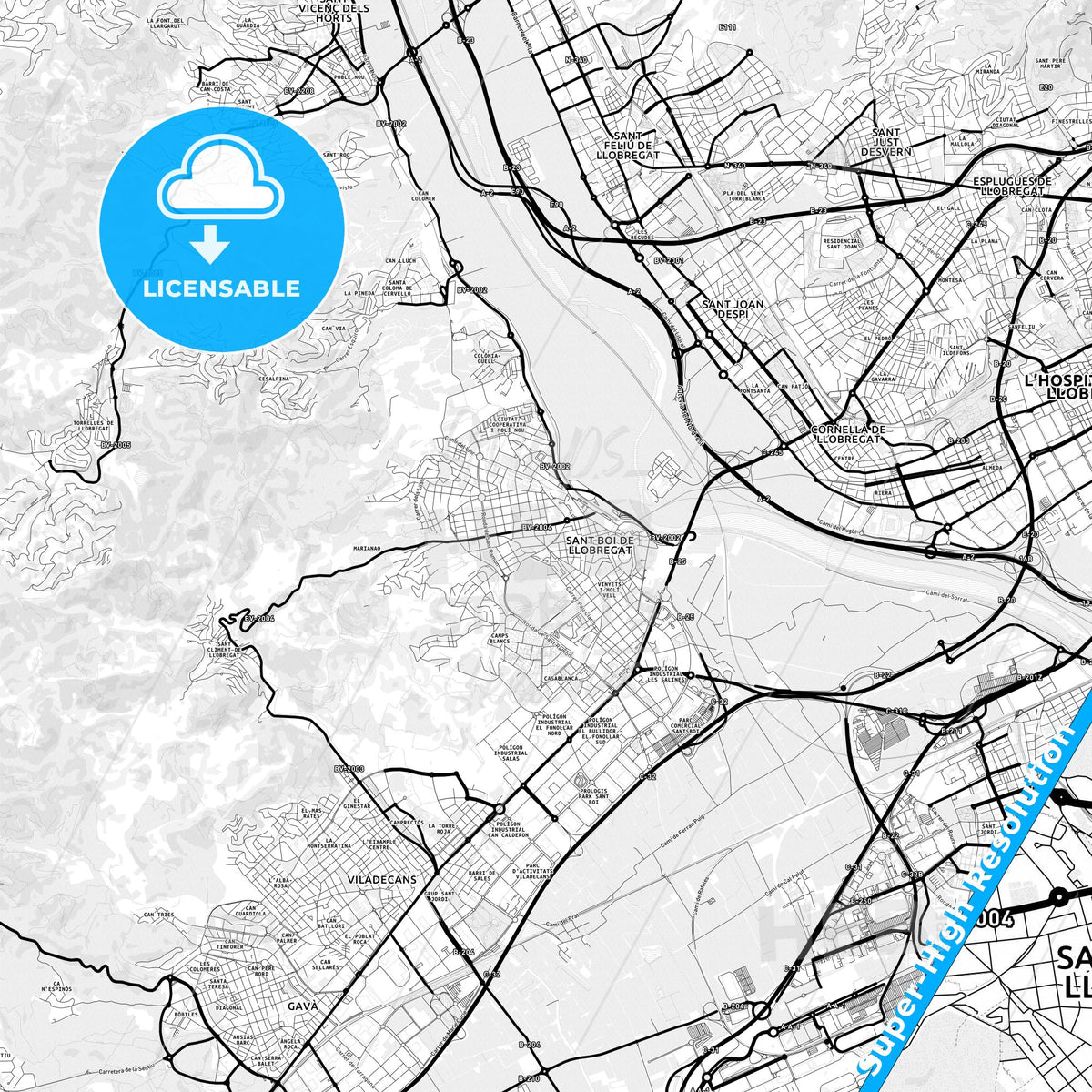 Sant Boi de Llobregat, Spain Light Map with Street Names, City Names, and Districts