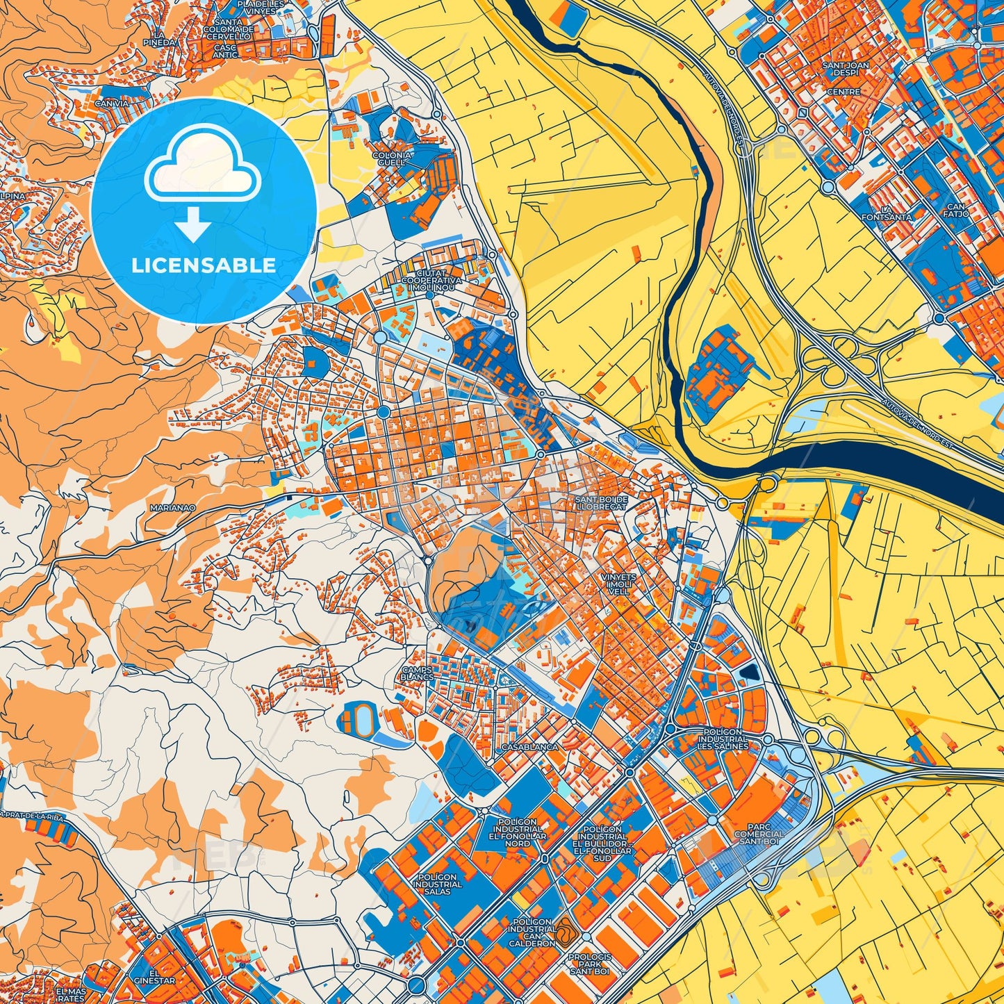 Colorful Sant Boi de Llobregat Street Map with Labels and Buildings