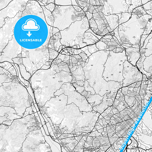 Sant Cugat del Vallès, Spain light map with streetnames, citynames and districts