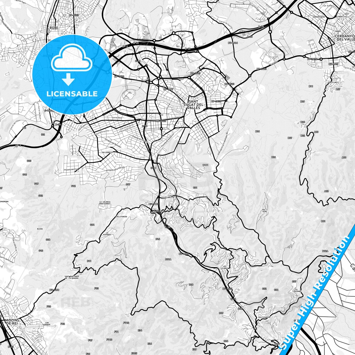 Sant Cugat del Vallès, Spain Light Map with Street Names, City Names, and Districts