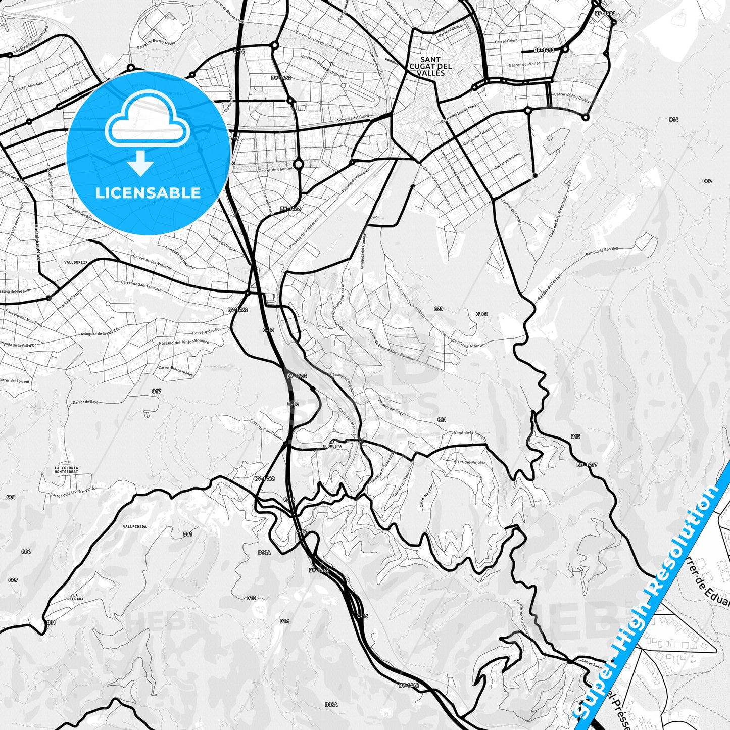 Sant Cugat del Vallès, Spain Light Map with Street Names, City Names, and Districts