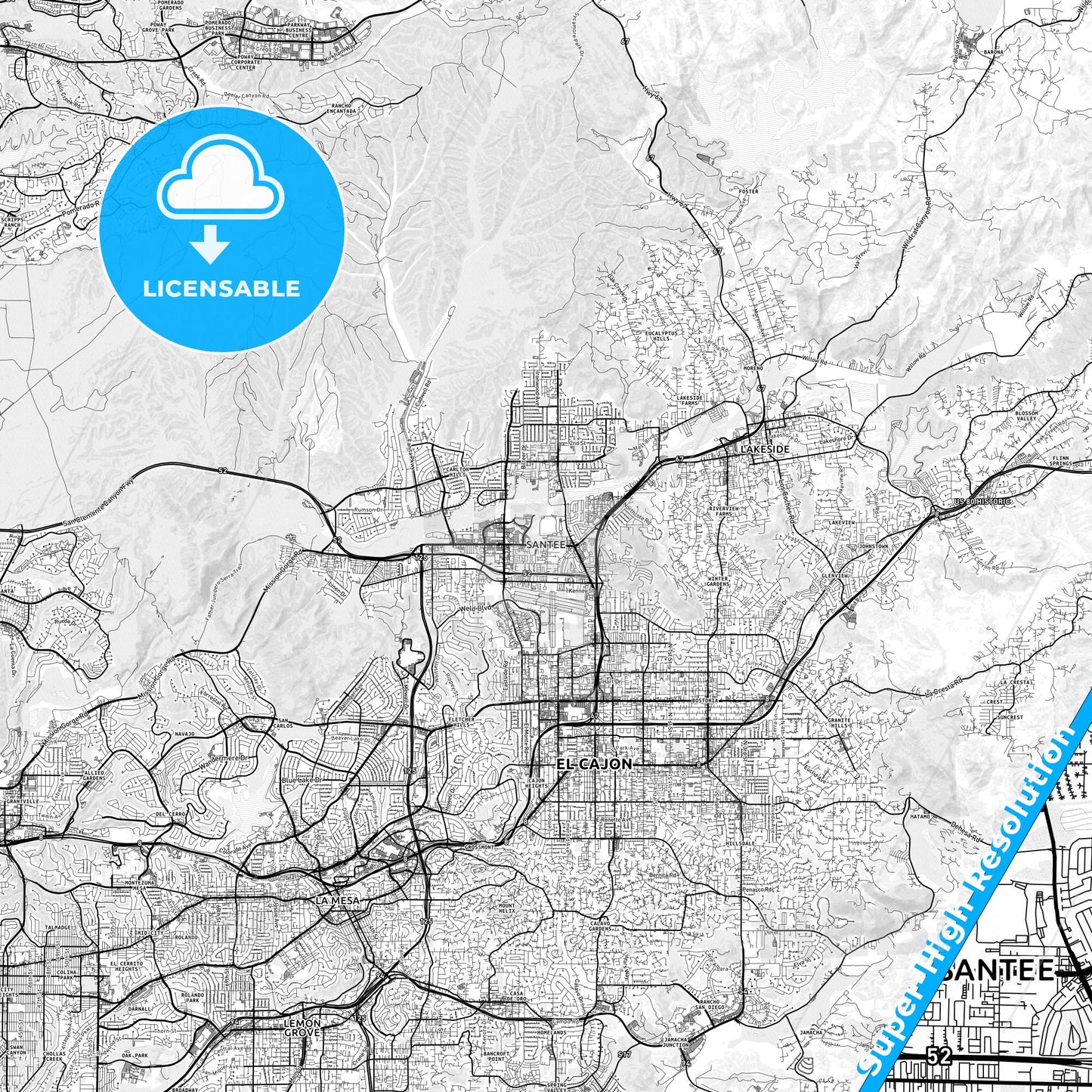 Santee, California light map with streetnames, citynames and districts