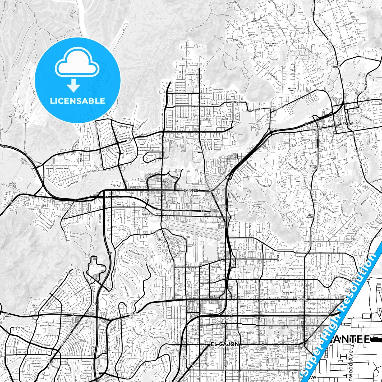 Santee, California Light Map with Street Names, City Names, and Districts