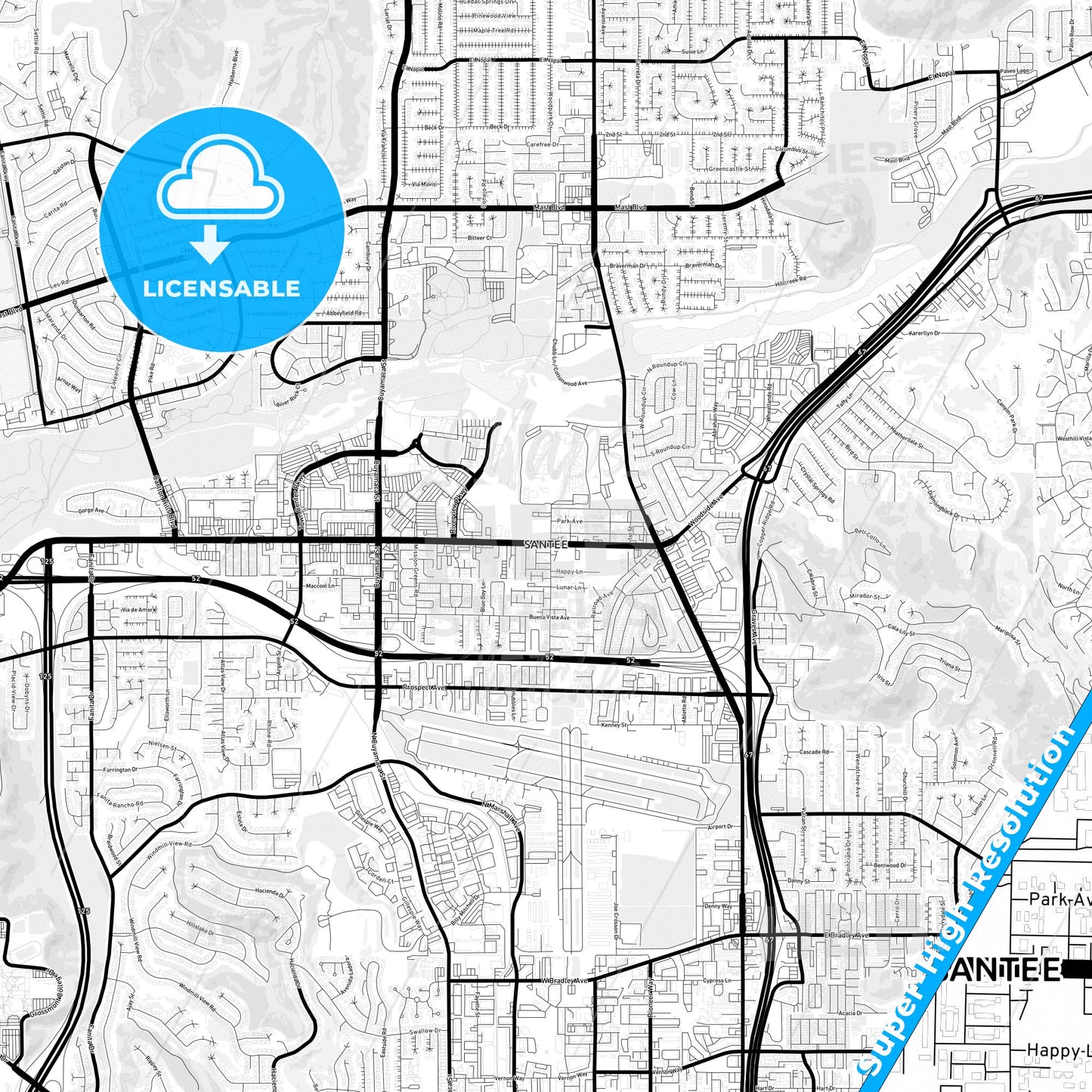 Santee, California Light Map with Street Names, City Names, and Districts