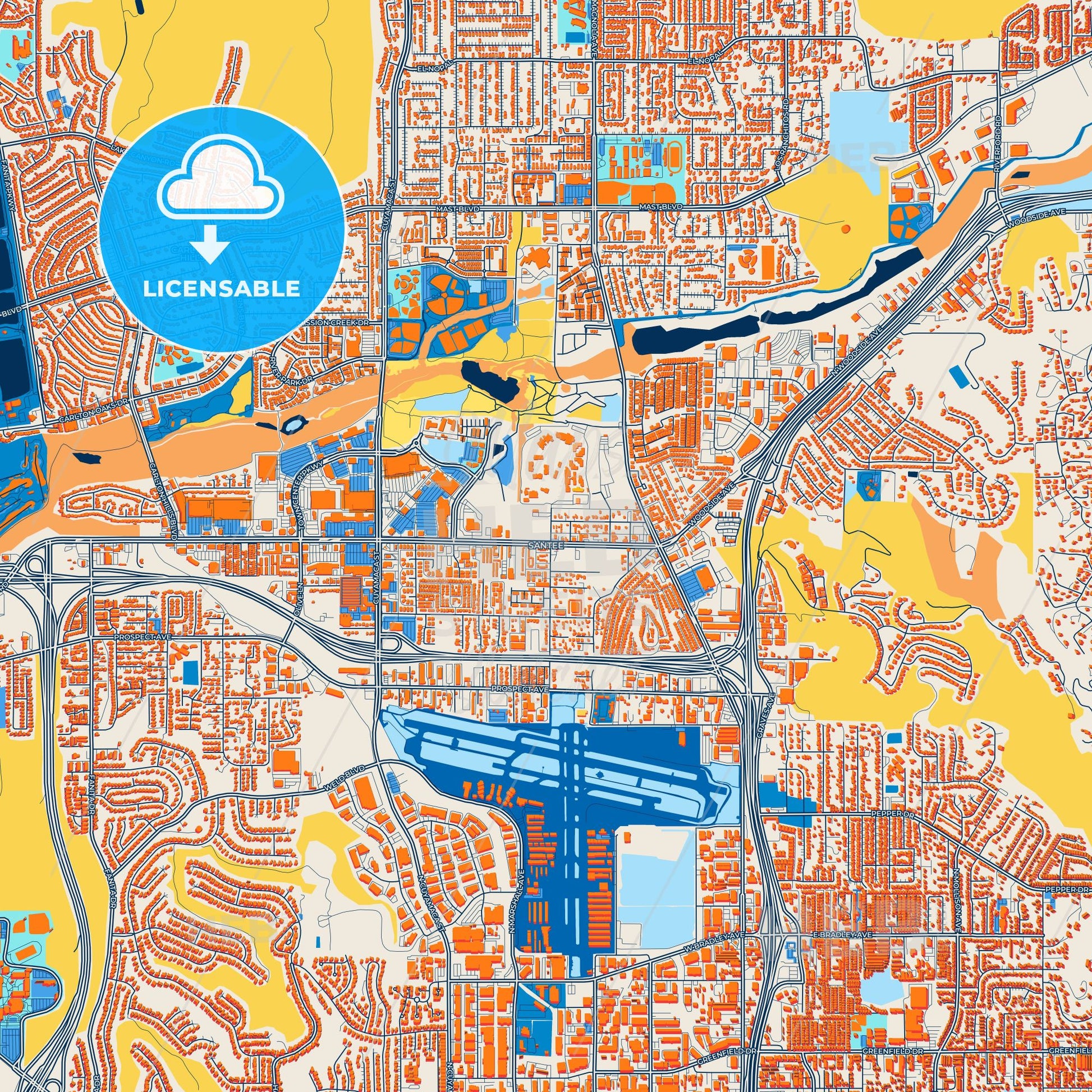 Colorful Santee Street Map with Labels and Buildings