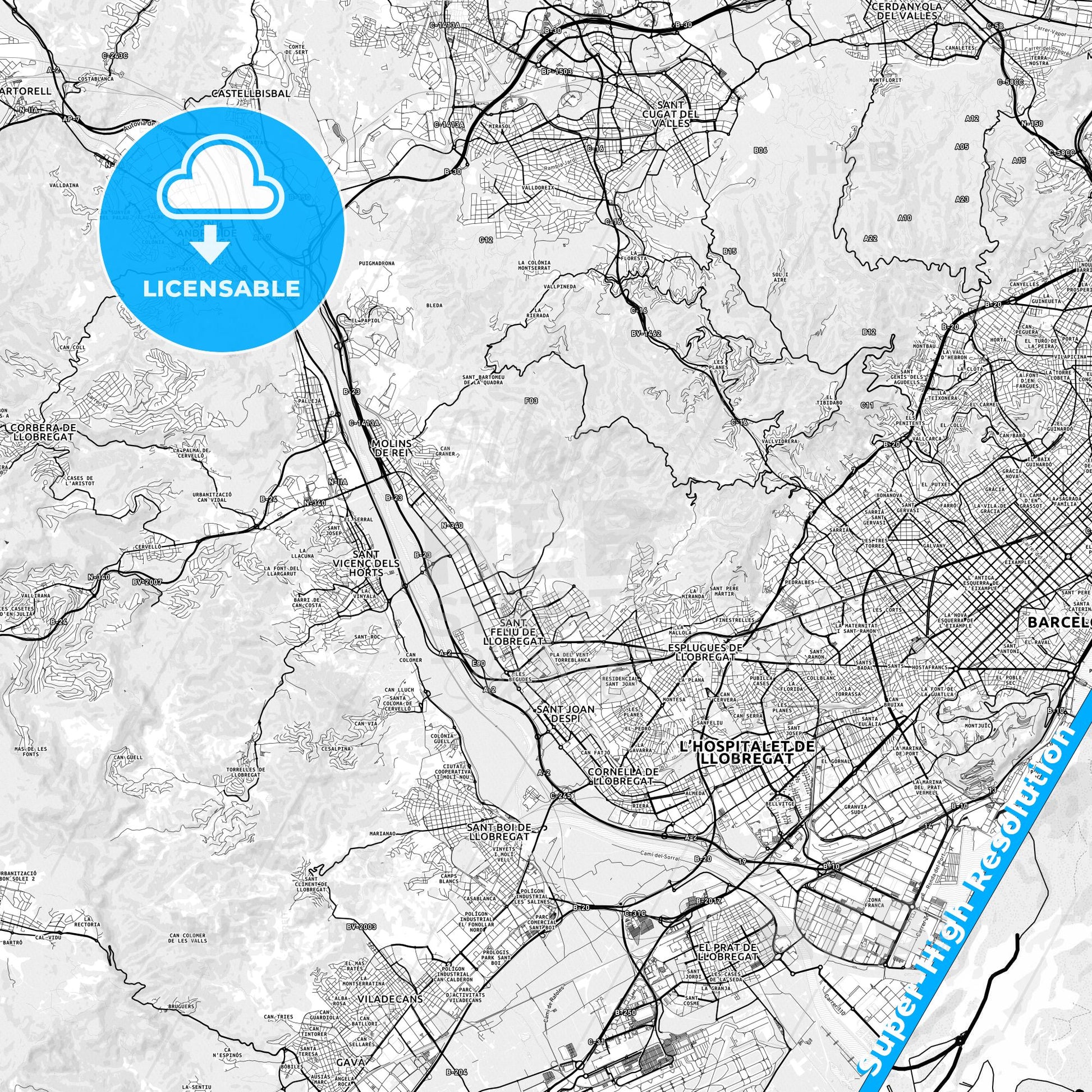 Sant Feliu de Llobregat, Spain light map with streetnames, citynames and districts
