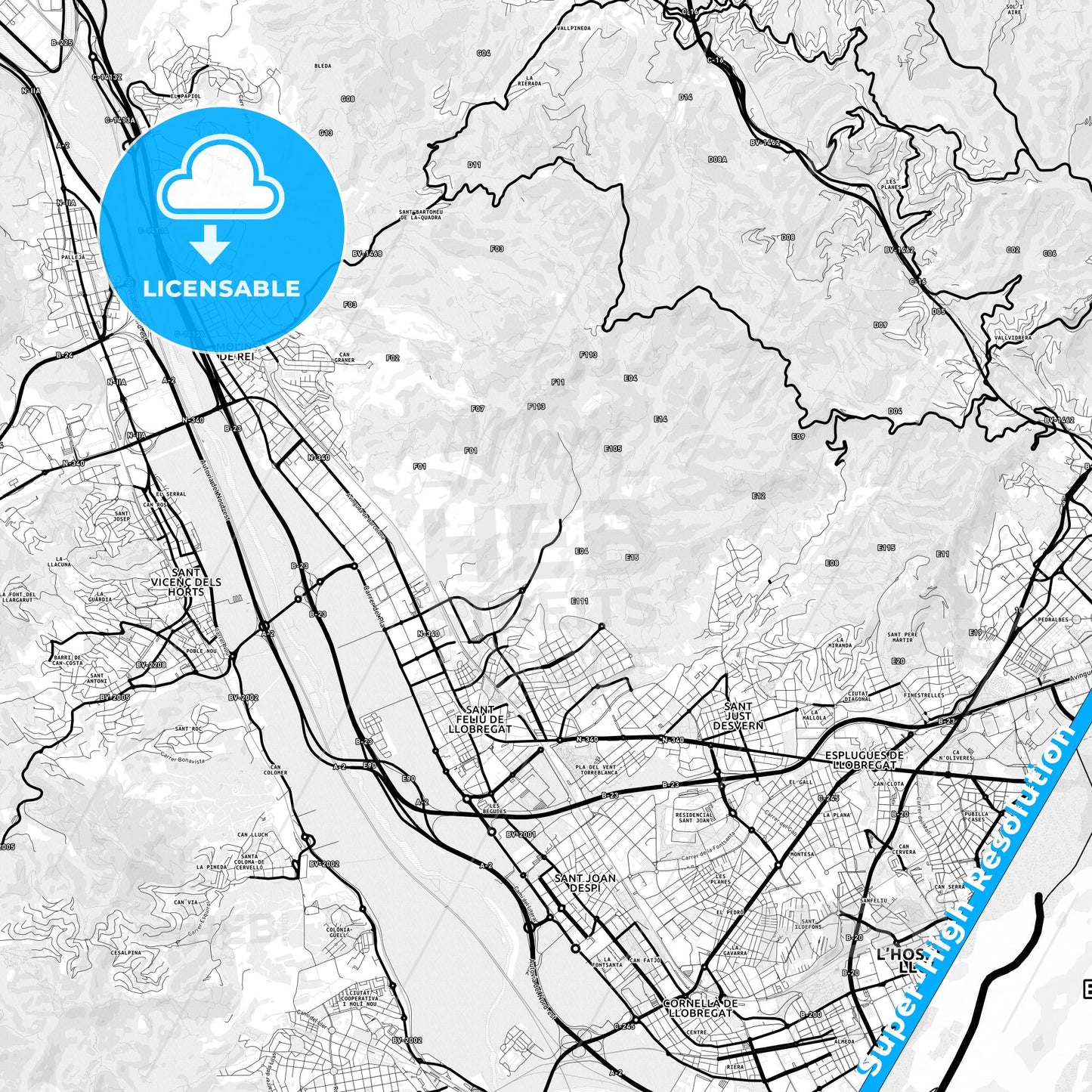 Sant Feliu de Llobregat, Spain Light Map with Street Names, City Names, and Districts