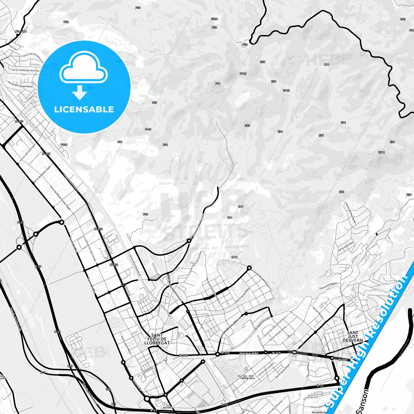 Sant Feliu de Llobregat, Spain Light Map with Street Names, City Names, and Districts