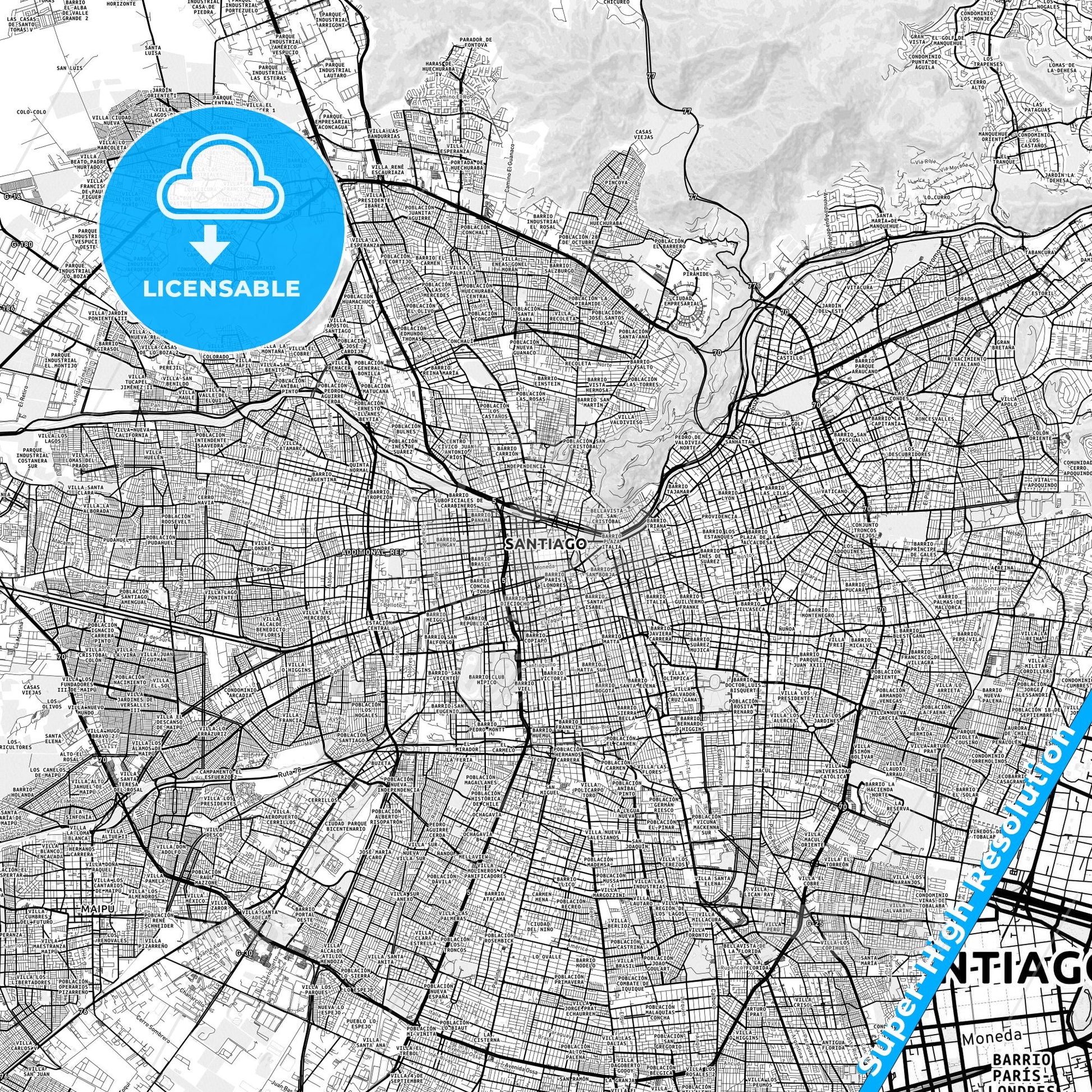 Santiago, Chile light map with streetnames, citynames and districts
