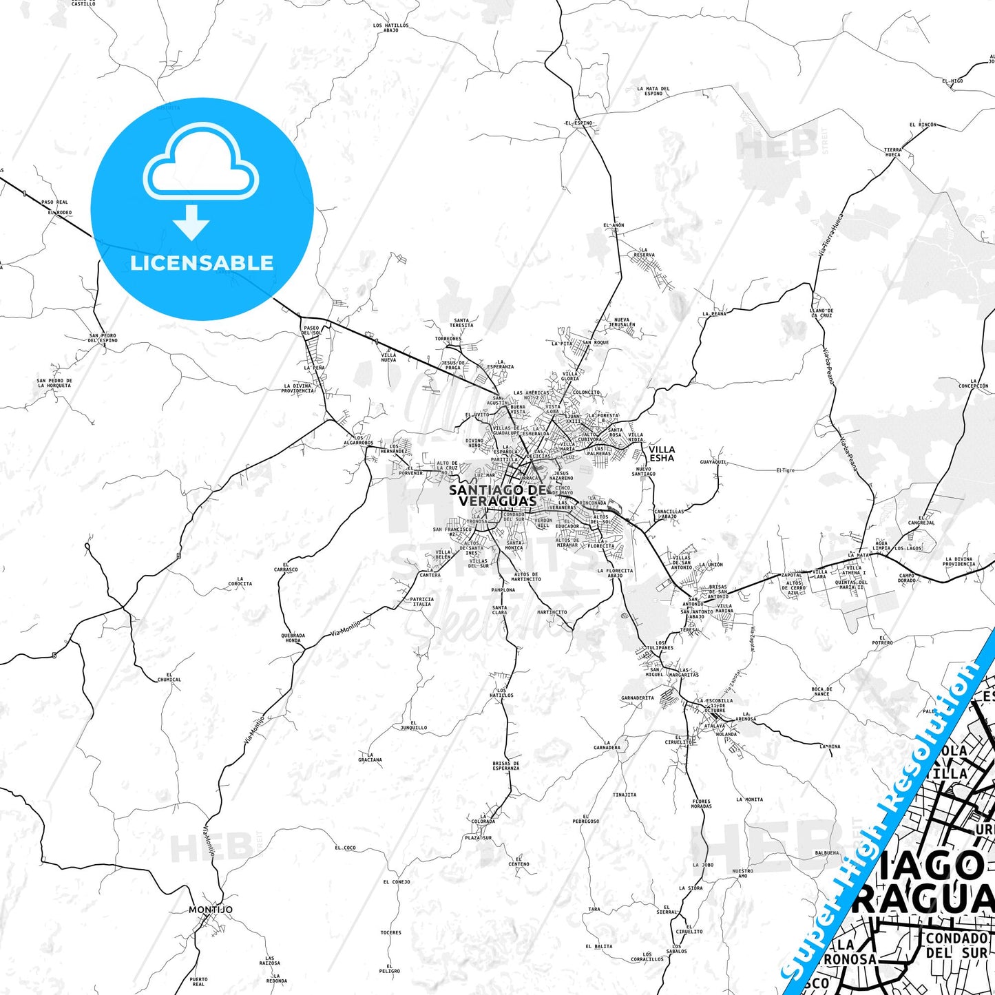 Santiago, Panama light map with streetnames, citynames and districts