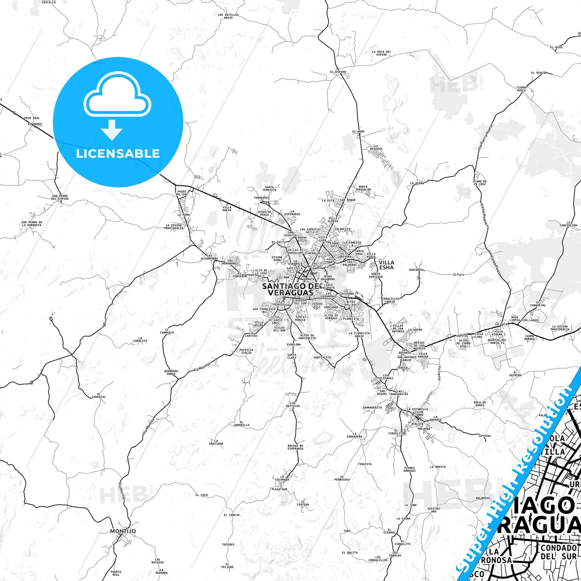 Santiago, Panama light map with streetnames, citynames and districts