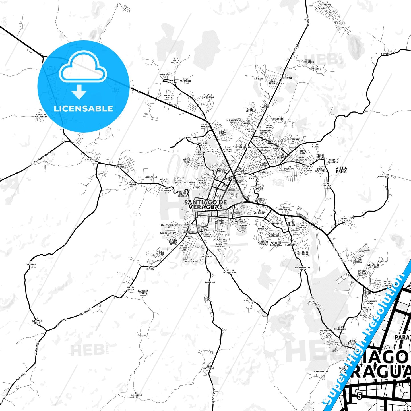 Santiago, Panama Light Map with Street Names, City Names, and Districts