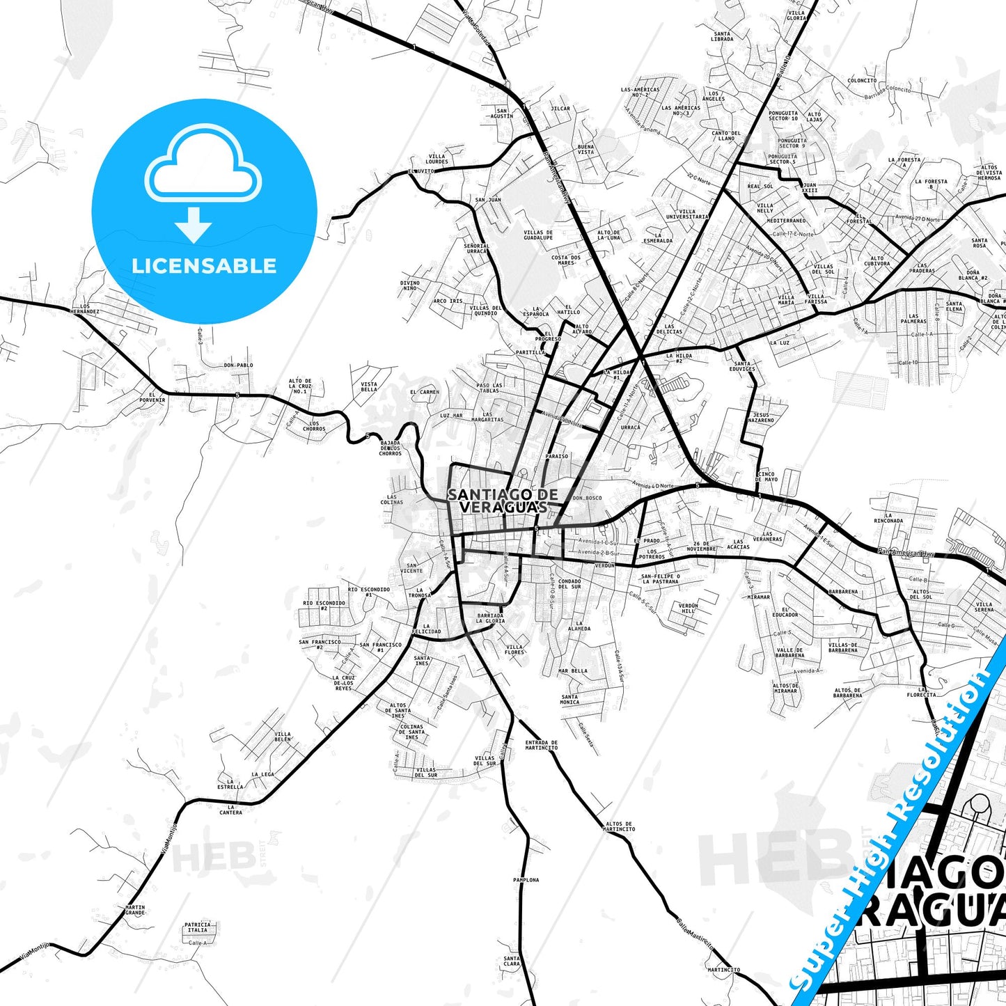 Santiago, Panama Light Map with Street Names, City Names, and Districts