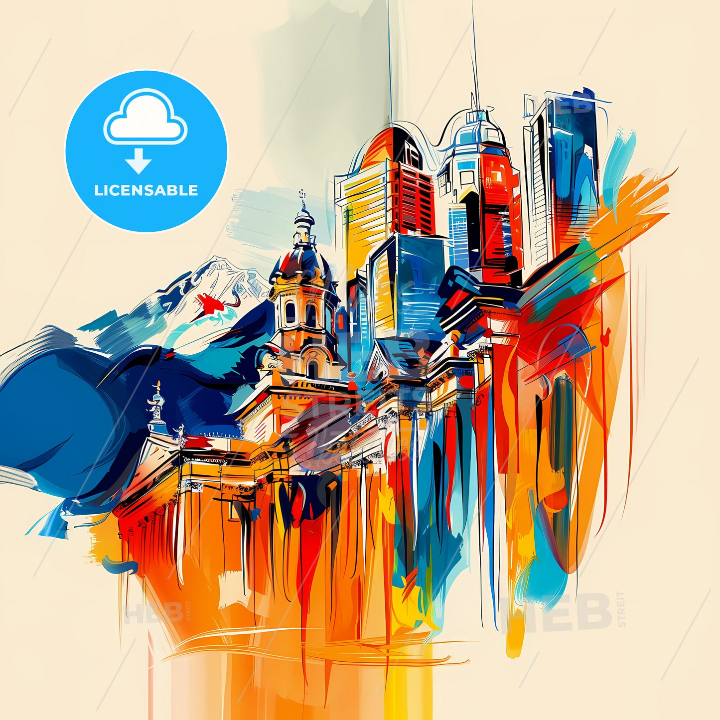 Vibrant Santiago, Chile - A Painting Of A Building With A Mountain In The Background