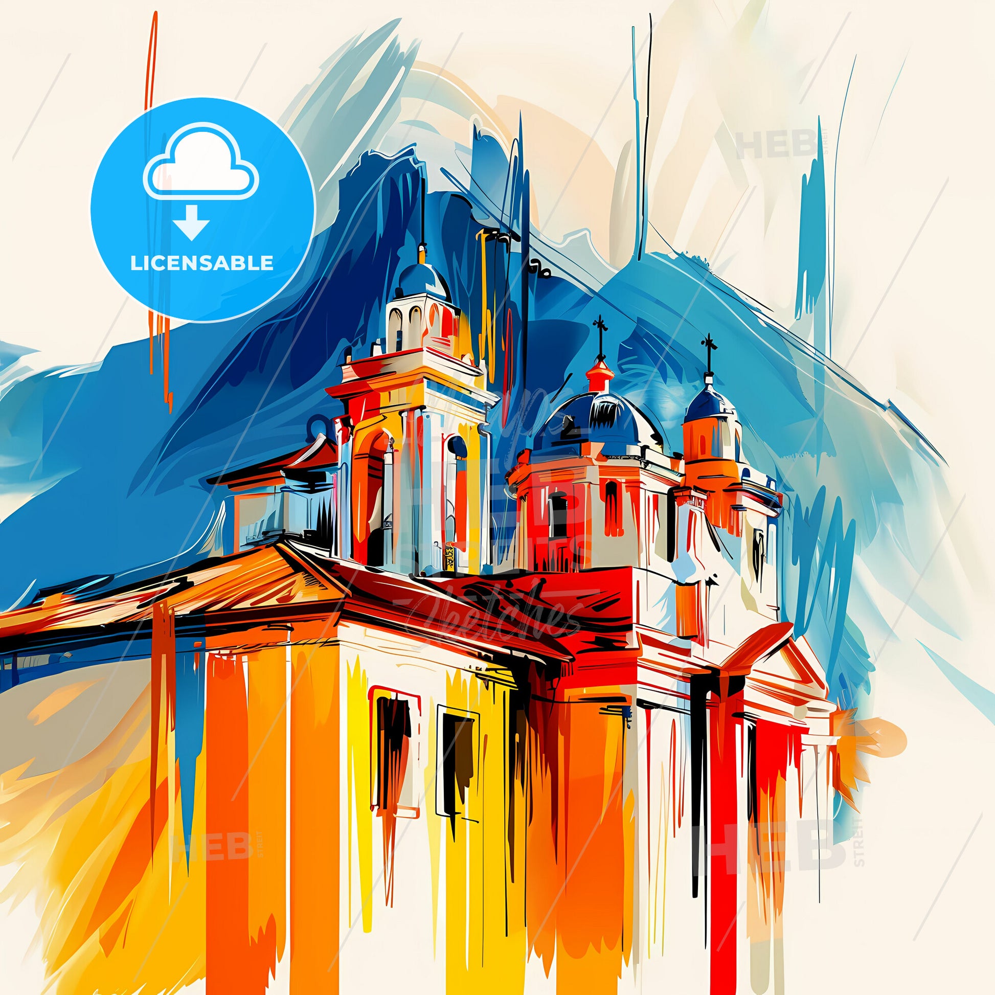 Vibrant Santiago, Chile - A Painting Of A Building With A Steeple