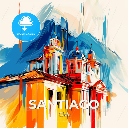 Vibrant Santiago, Chile - A Painting Of A Building With A Steeple - Square format print template