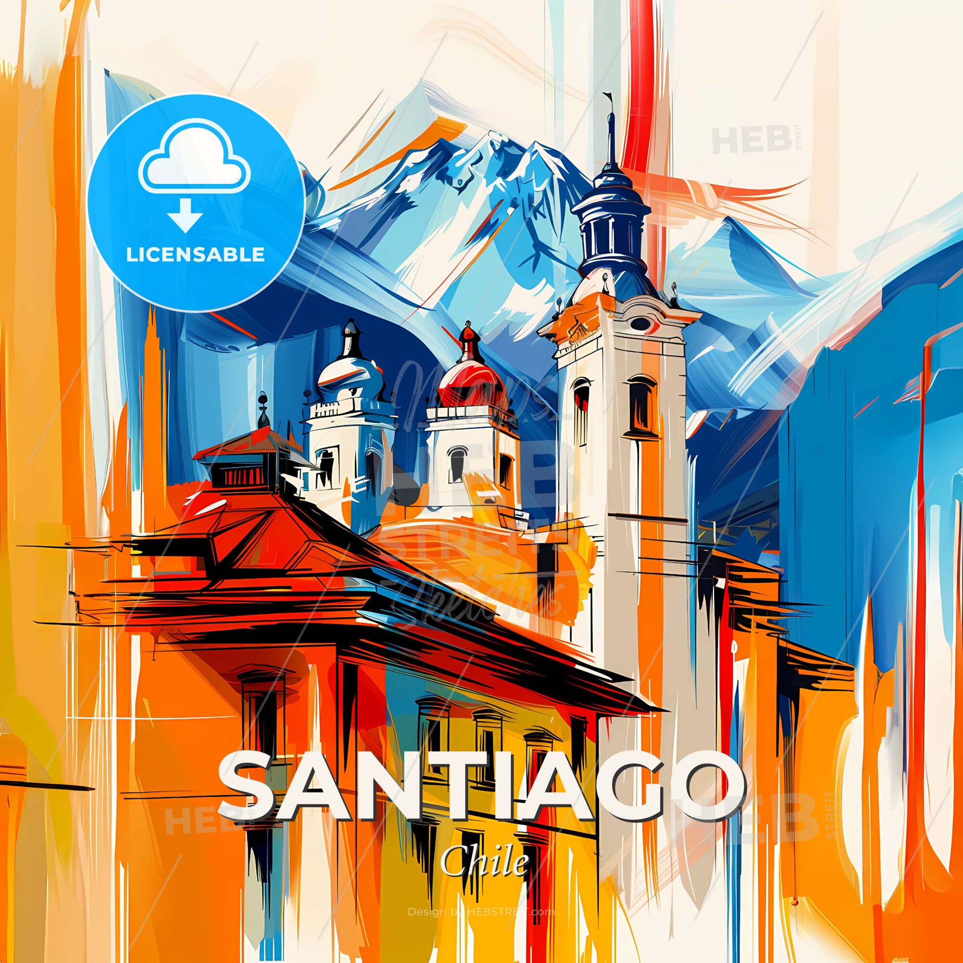 Vibrant Santiago, Chile - A Painting Of A Building With A Mountain In The Background - Square format print template