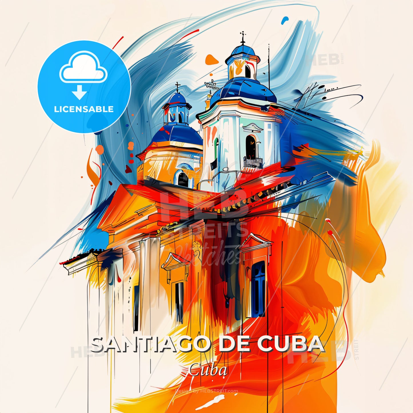 Vibrant Santiago De Cuba, Cuba - A Painting Of A Building With A Colorful Background - Square format print template