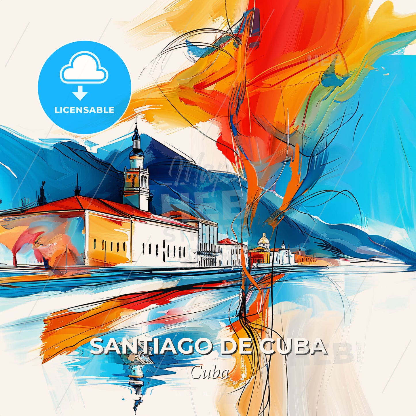 Vibrant Santiago De Cuba, Cuba - A Painting Of A Building And A Mountain - Square format print template