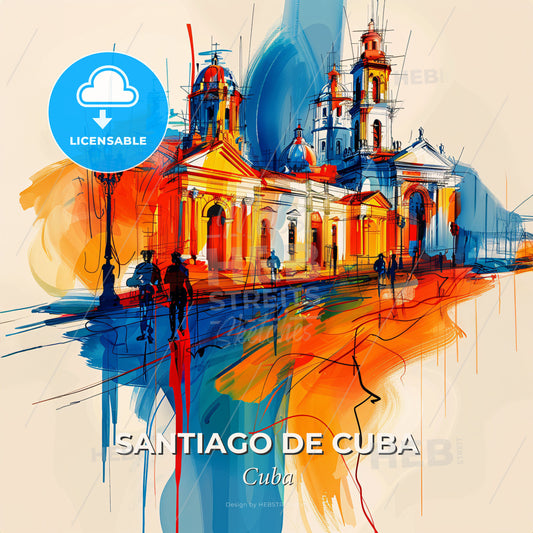 Vibrant Santiago De Cuba, Cuba - A Painting Of A Building - Square format print template