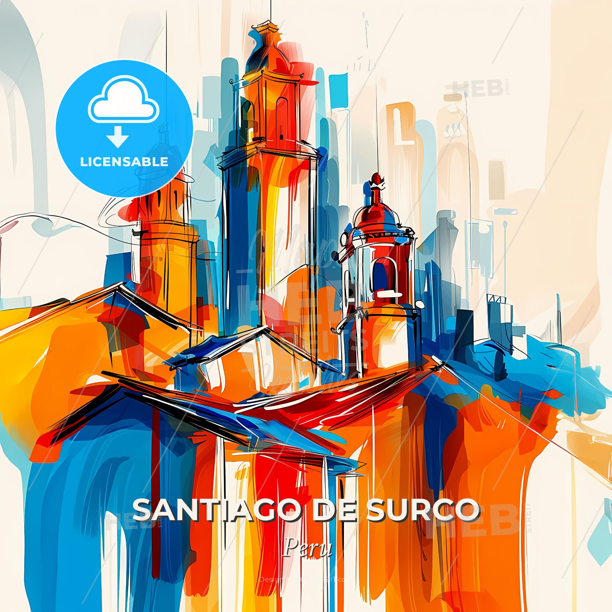 Vibrant Santiago De Surco, Peru - A Colorful Painting Of Buildings - Square format print template
