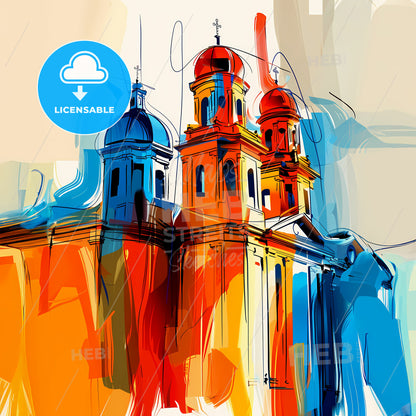 Vibrant Santiago De Surco, Peru - A Colorful Building With Towers And Domes
