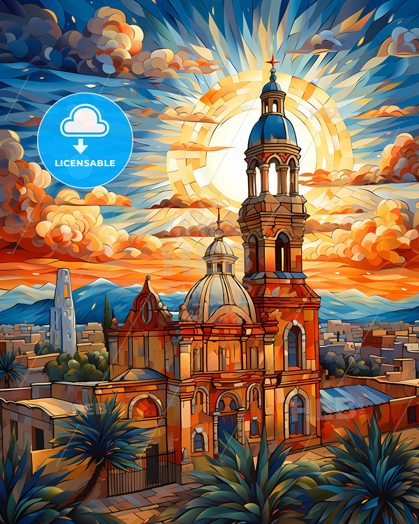 Vibrant Art Depicting Santiago del Estero Skyline with Central Tower Buildings and Cityscape
