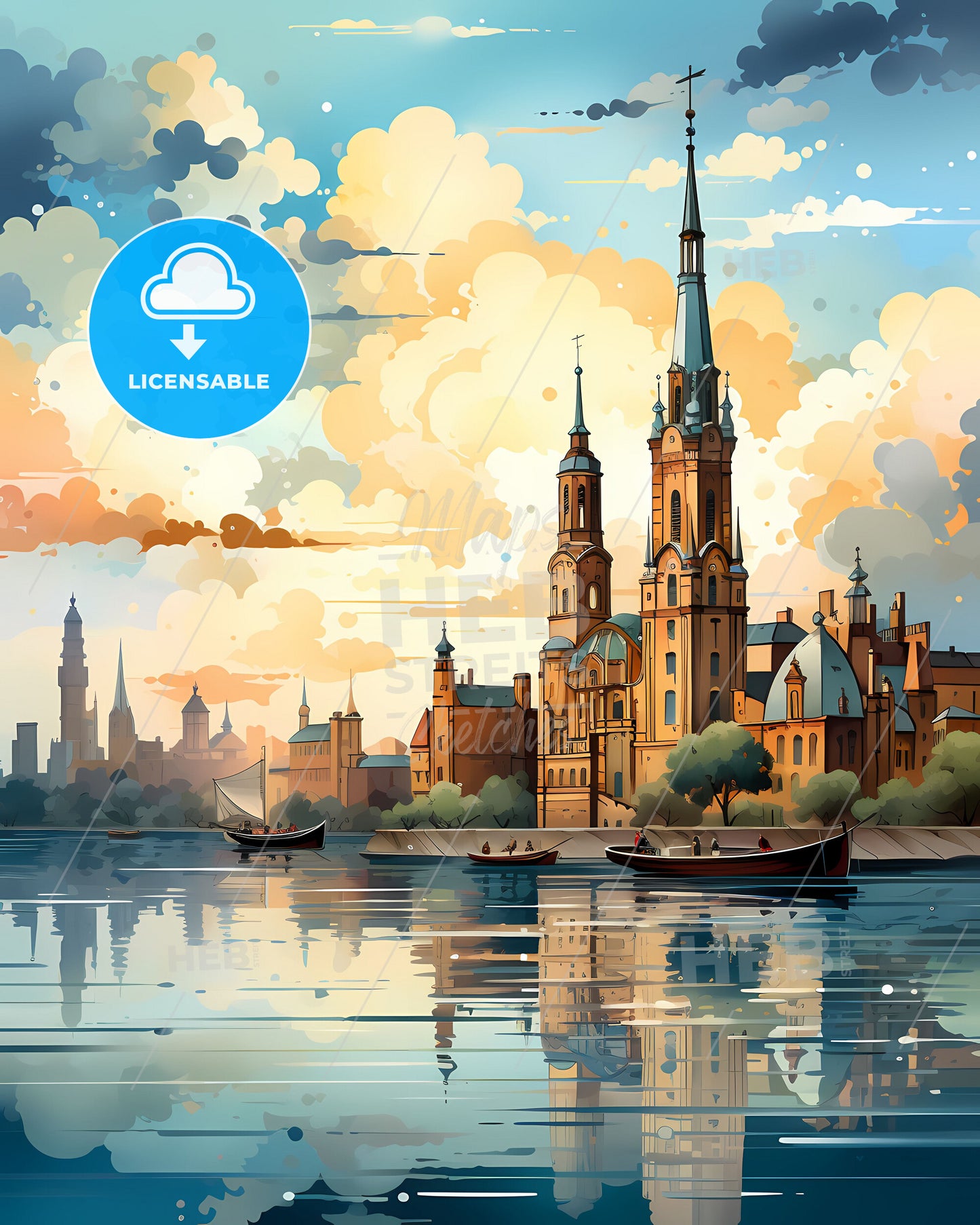 Abstract Expressionist Painting of Santiago del Estero Argentina Cityscape Skyline with Castle and Waterway