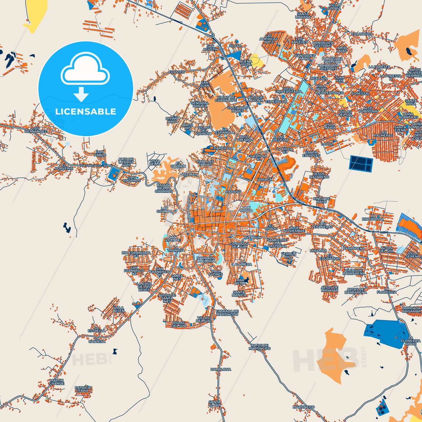 Colorful Santiago Street Map with Labels and Buildings